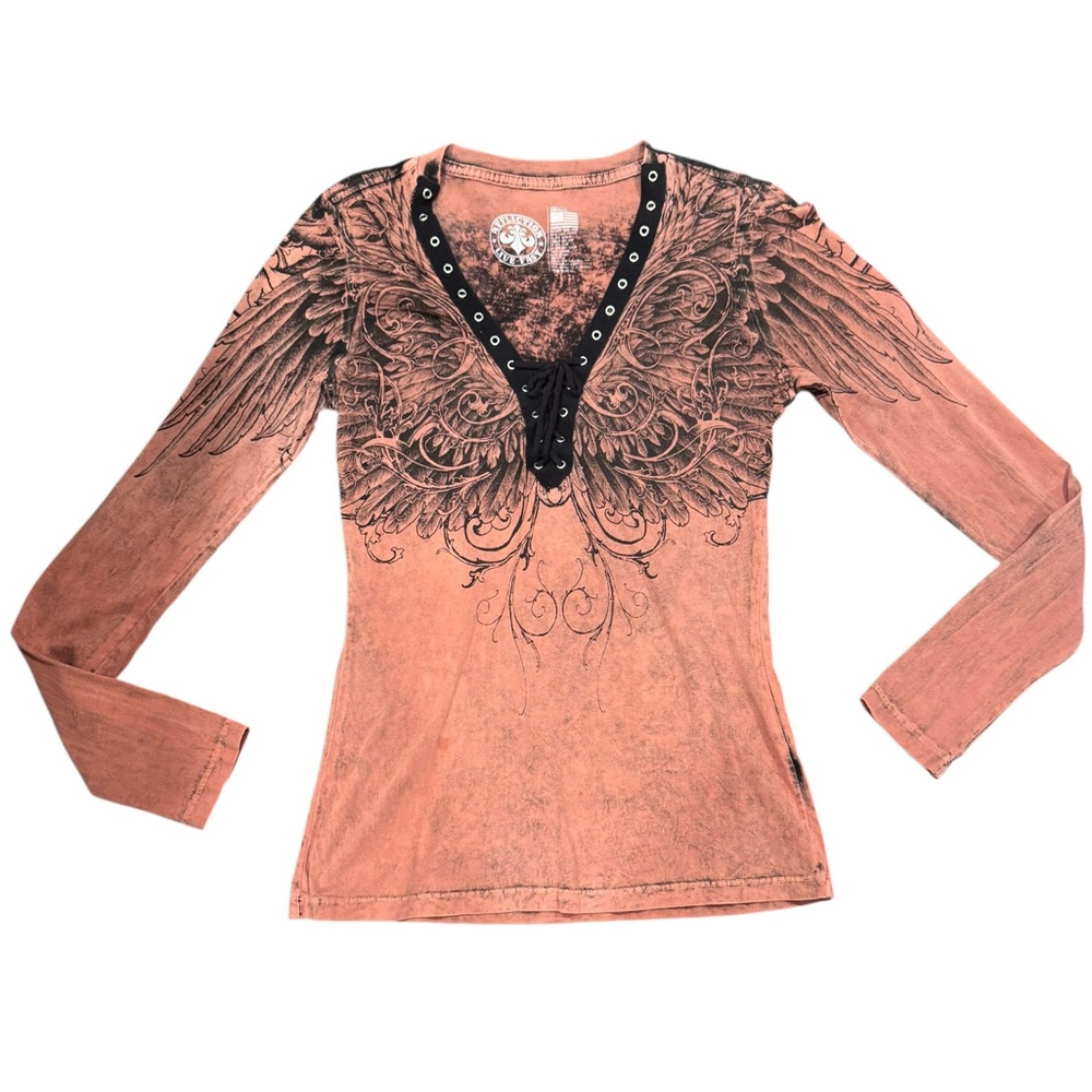 Affliction Women's Long Sleeve Tee with Wing Design